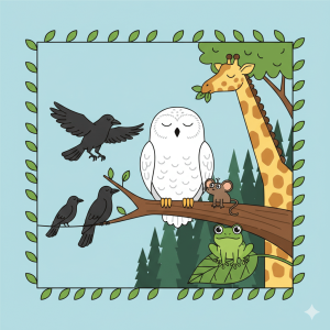 A minimalist, cartoon-style illustration of a snowy owl, a small green frog, and a tall giraffe sharing a peaceful forest clearing. The style features clean, thin lines and a subdued palette of earthy greens, browns, and soft whites. The owl is perched on a low branch, the frog sits on a nearby stone, and the giraffe’s head peeks in from the side, creating a whimsical scene of unlikely animal friends.