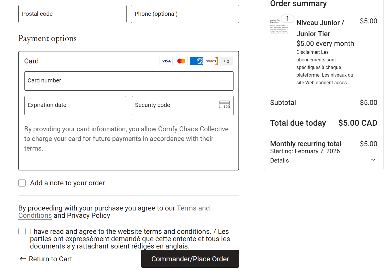 Screenshot of a checkout page displaying payment options and a prompt to agree to Terms of Service and Privacy Policy before finalizing an order.