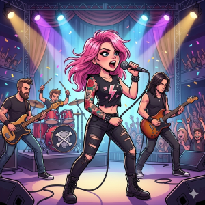 A 1:1 square cartoon illustration of a rock band performing live on stage. The center of focus is a cute female lead singer with long, vibrant pink hair, wearing a black crop top with a pink lightning bolt and ripped black jeans. She has a detailed colorful rose tattoo on her right arm and is singing passionately into a wired microphone. Behind her, a drummer, a bassist, and a guitarist are playing their instruments under bright stage lights and falling confetti. An energetic crowd is visible in the background, cheering with their hands in the air. The overall vibe is high-energy and colorful, featuring clean lines and a modern cartoon style.