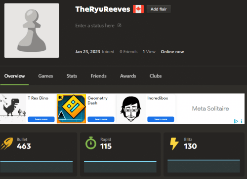 A Chess.com user profile dashboard displaying entry-level rapid, blitz, and bullet ratings under a Canadian flag icon